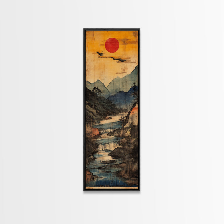 Red Sun Mountain River Wall Art, Japanese Waterfall Landscape Print For Japandi Home Decor And Serene Office Decor Poster