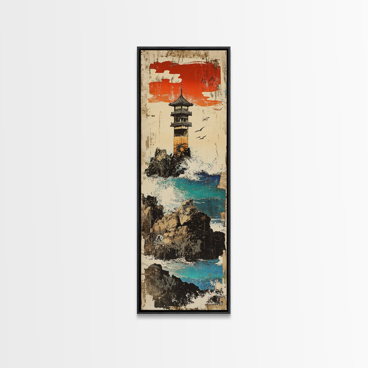 Cliffside Lighthouse Turquoise Sea Wall Art, Japanese Coastal Landscape Print For Beach House Decor And Nautical Office Decor