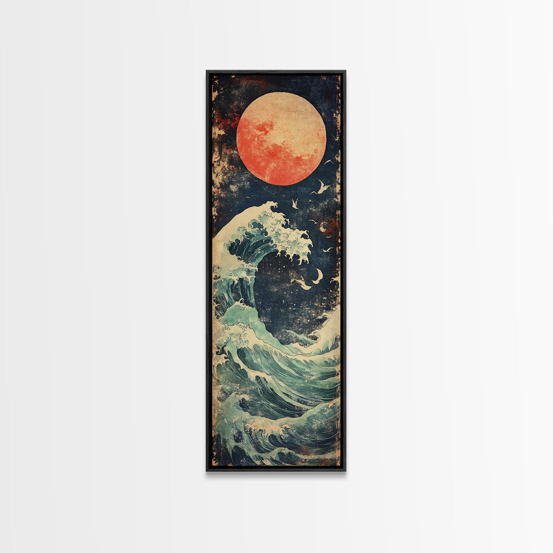 Full Moon Ocean Wave With Birds Framed Canvas Print, Japanese Coastal Wall Art For Beach House Decor And Moody Bedroom Decor