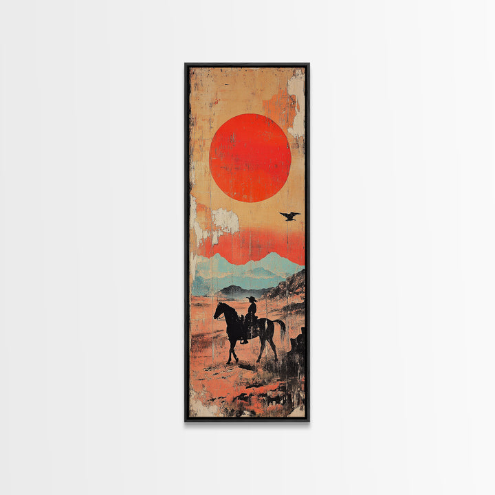 Horse Rider Under Red Sun Wall Art, Western Desert Landscape Canvas Print, Japanese Inspired Southwestern Living Room Home Decor