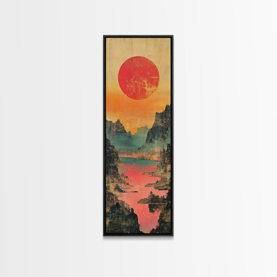 Red Sun Mountain River Valley Wall Art, Japanese Inspired Landscape Canvas Print, Teal Coral Nature Decor For Living Room
