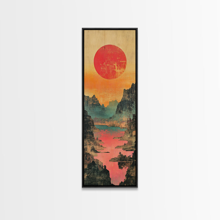 Red Sun Mountain River Valley Wall Art, Japanese Inspired Landscape Canvas Print, Teal Coral Nature Decor For Living Room