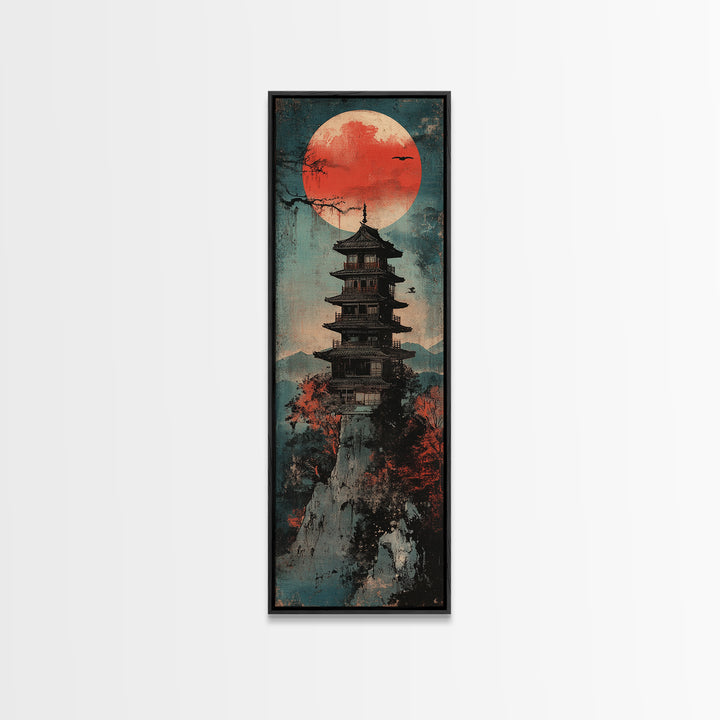 Red Sun Pagoda On Misty Mountain Wall Art, Japanese Landscape Canvas Print, Japandi Zen Decor, Asian Home Decor Gift For Living Room