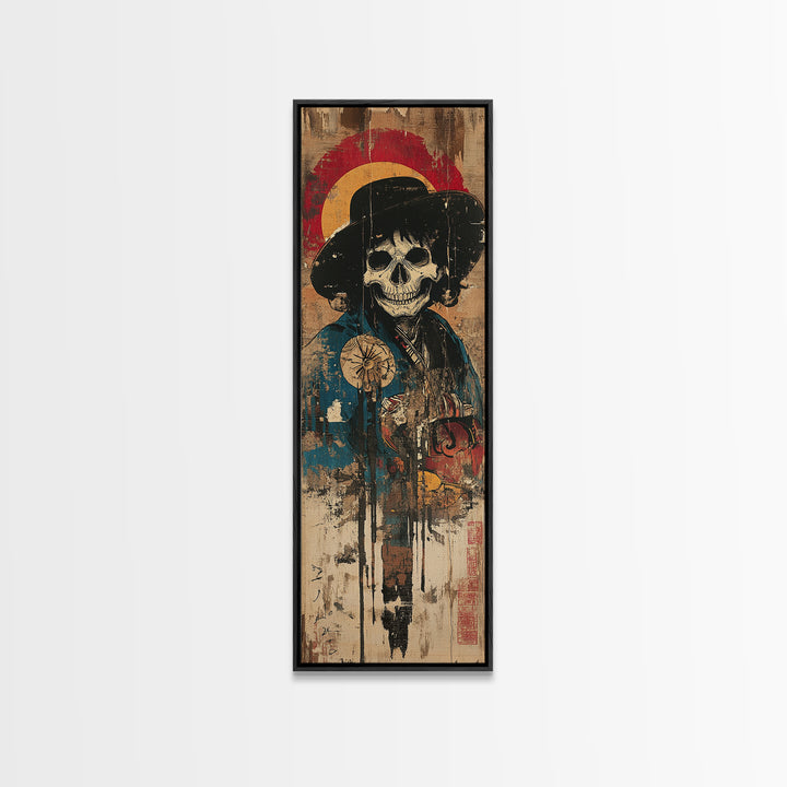 Skeleton Samurai With Red Halo Wall Art, Japanese Gothic Canvas Print, Dark Academia Decor, Macabre Warrior Gift For Him
