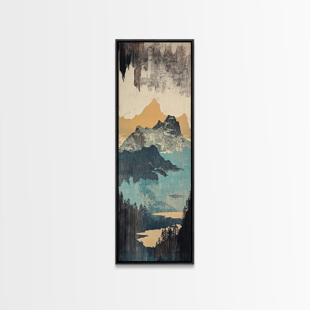 Misty Mountain Lake And Pines Wall Art, Japanese Landscape Canvas Print, Neutral Nature Decor, Large Vertical Art For Cabin