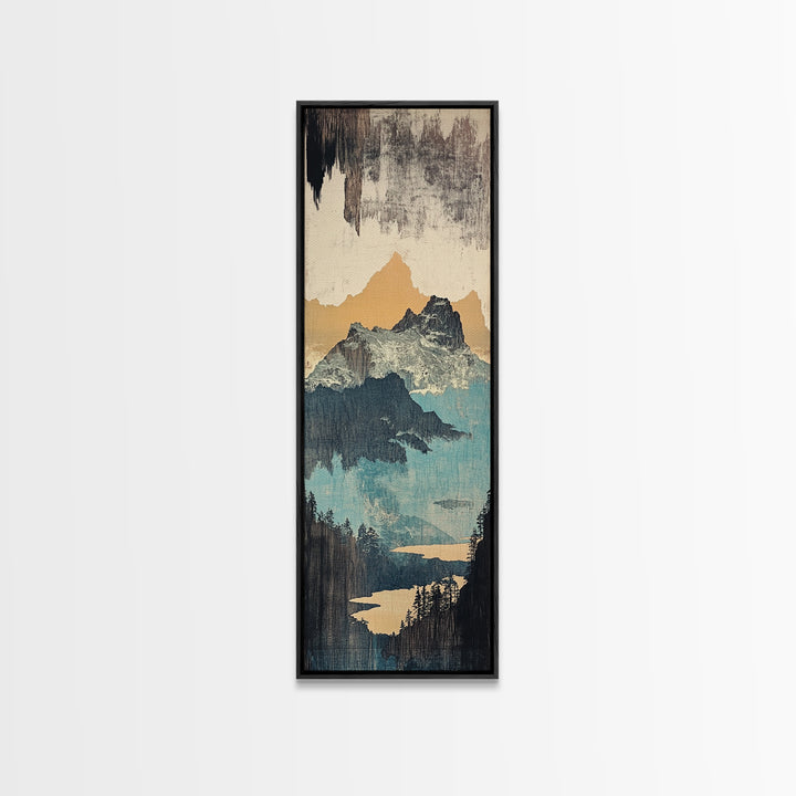 Misty Mountain Lake And Pines Wall Art, Japanese Landscape Canvas Print, Neutral Nature Decor, Large Vertical Art For Cabin