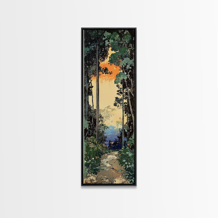 Sunlit Forest Path To Blue Water Wall Art, Japanese Nature Canvas Print, Green Woodland Decor, Calming Landscape Gift Idea