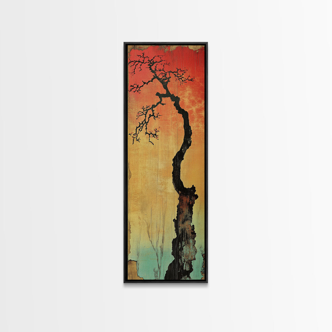 Lone Twisted Tree At Red Sunset Wall Art, Japanese Landscape Canvas Print, Moody Nature Decor, Minimalist Rustic Art For Cabin