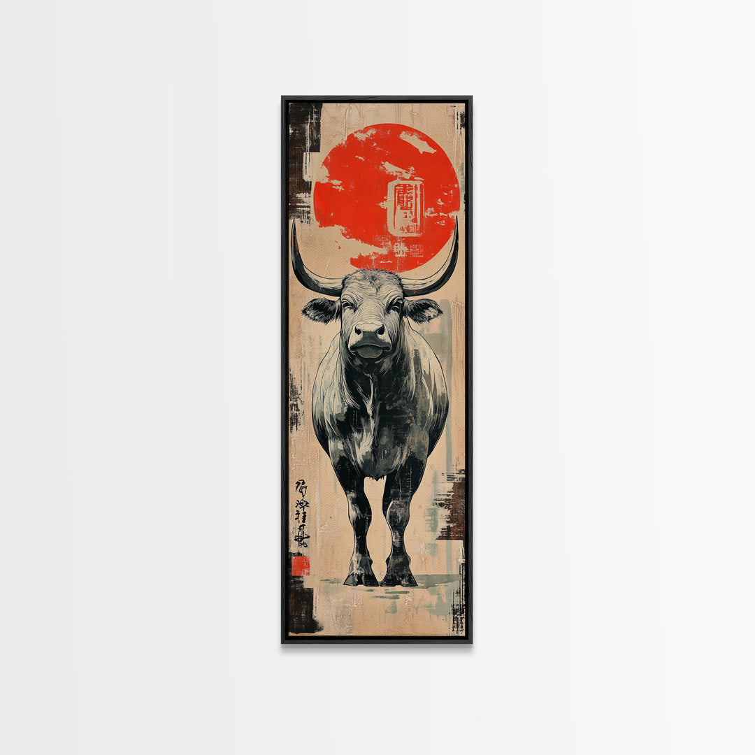 White Bull Beneath Rising Red Sun Wall Art, Japanese Animal Canvas Print, Rustic Farmhouse Decor, Bold Western Gift For Him