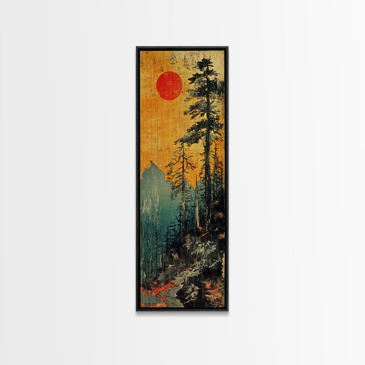 Tall Pines And Red Sun Mountain Wall Art, Japanese Forest Canvas Print, Rustic Cabin Decor, Nature Lover Gift For Home Decor