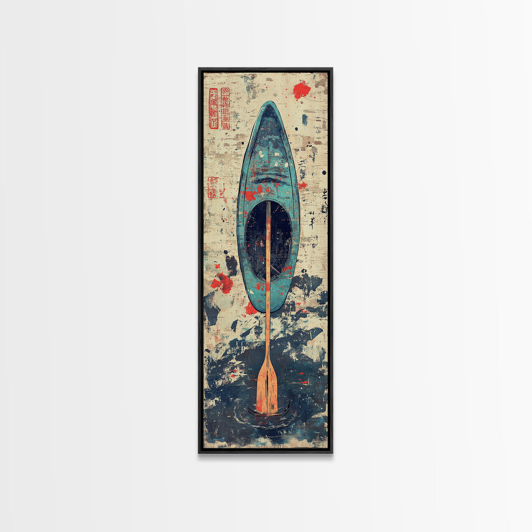 Blue Kayak Paddle On Ocean Waves Wall Art, Japanese Coastal Canvas Print, Nautical Decor, Beach House Decor Gift For Her
