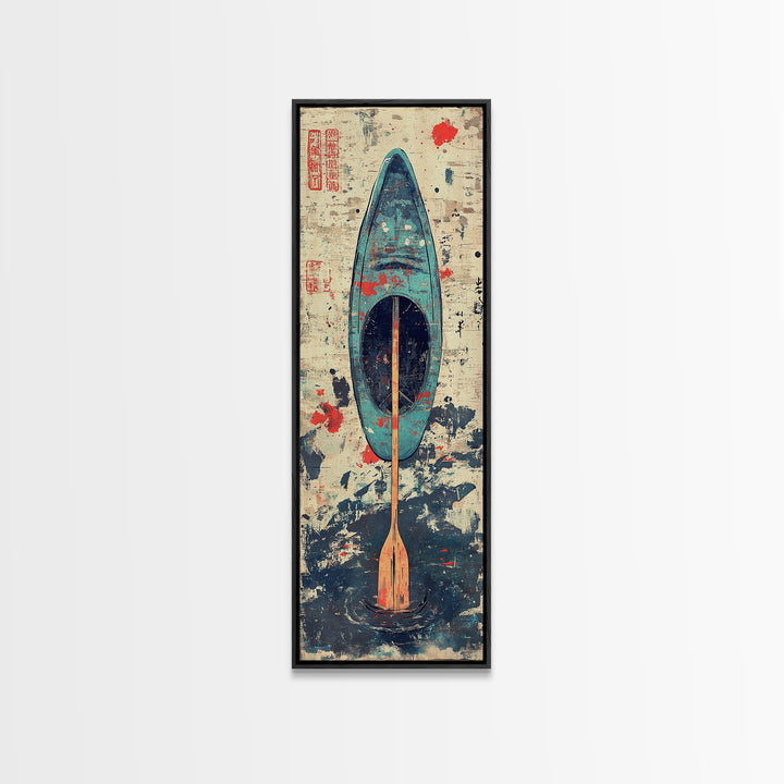 Blue Kayak Paddle On Ocean Waves Wall Art, Japanese Coastal Canvas Print, Nautical Decor, Beach House Decor Gift For Her
