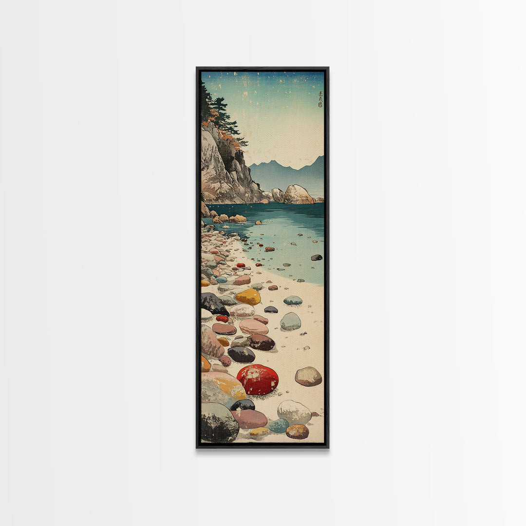 Turquoise Pebble Beach Wall Art, Coastal Mountain Cove Print, Ocean Landscape Decor, Nautical Canvas Print, Beach House Gift