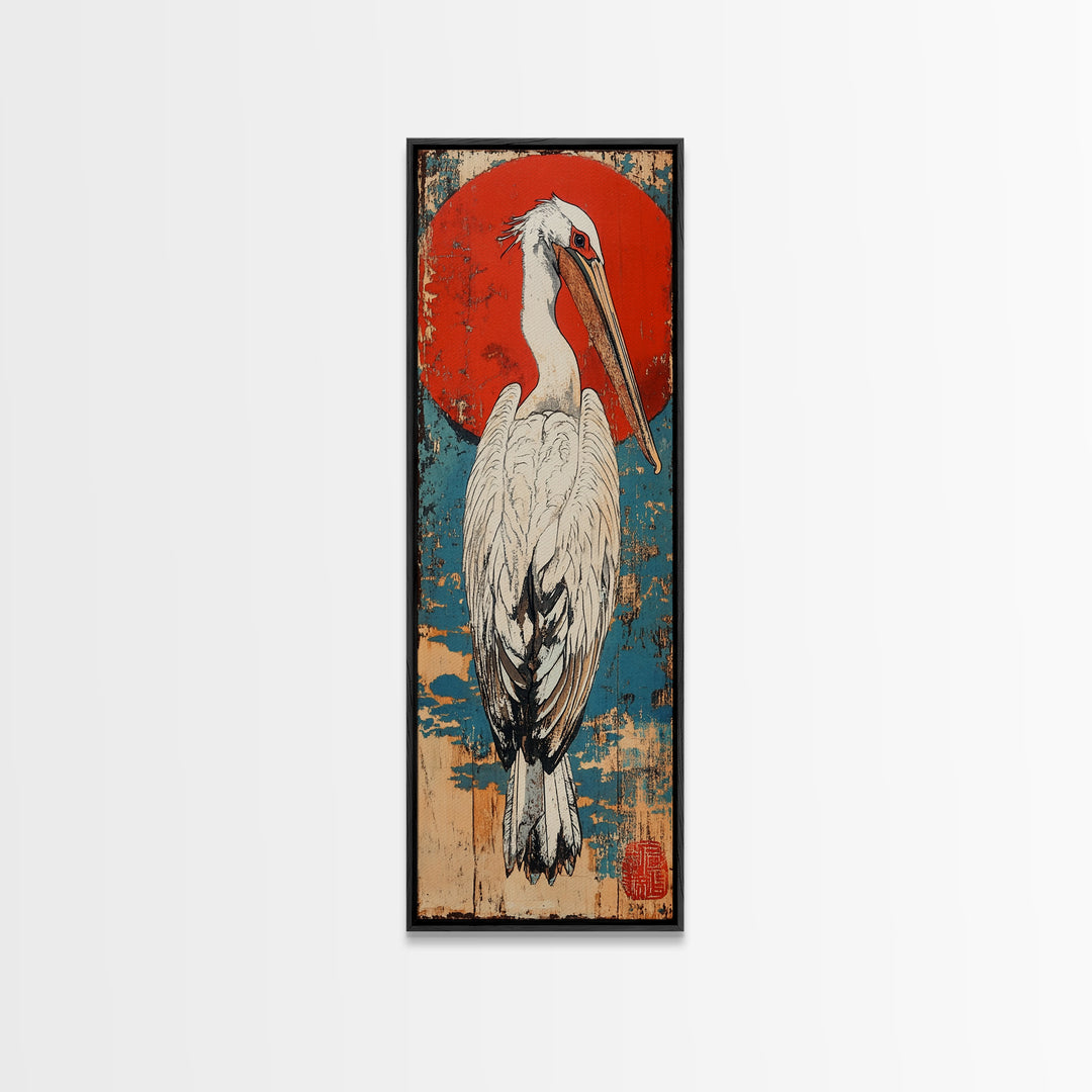 White Pelican Wall Art, Japanese Red Sun Bird Print, Coastal Wildlife Art, Asian Inspired Decor, Nautical Framed Canvas Print