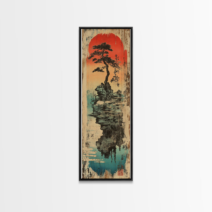 Japanese Bonsai Island Wall Art, Red Sun Zen Landscape Print, Japandi Wall Decor, Asian Inspired Canvas Print, Tranquil Decor