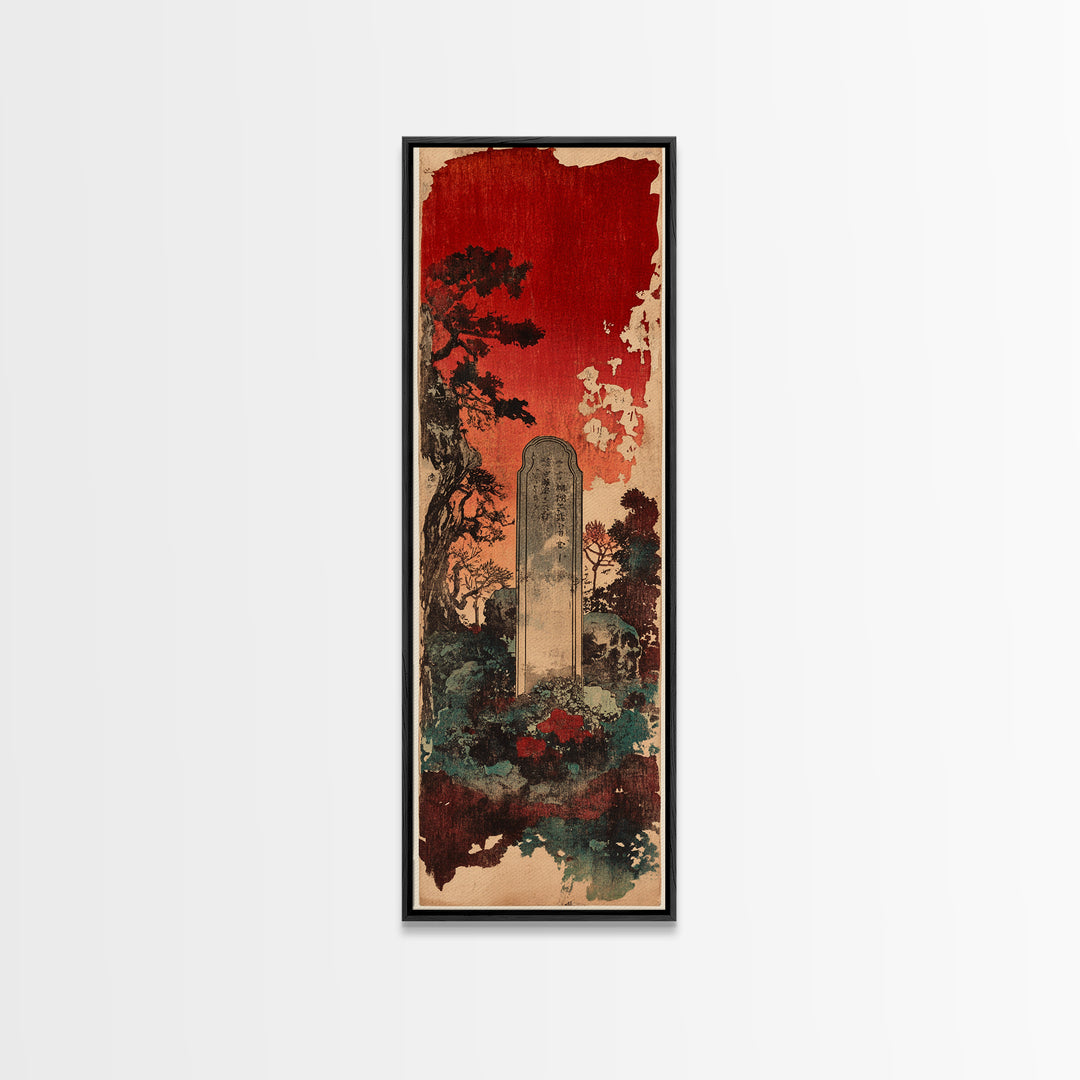 Ancient Stone Grave Under Crimson Sky Canvas Print, Gothic Japanese Wall Art, Dark Academia Decor, Moody Cemetery Artwork