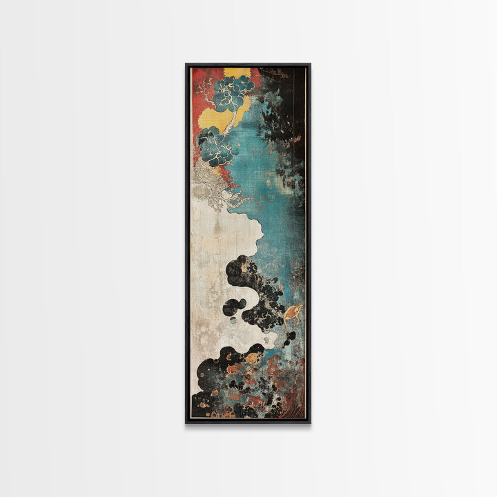 Turquoise Cloudscape With Red Moon Wall Art, Abstract Japanese Canvas Print, Moody Coastal Decor, Teal Black Statement Art