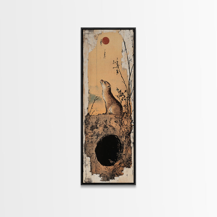 Prairie Dog At Burrow Under Red Moon Canvas Print, Whimsical Animal Wall Art, Japanese Nature Decor, Nursery Art Print, Kids Room Decor