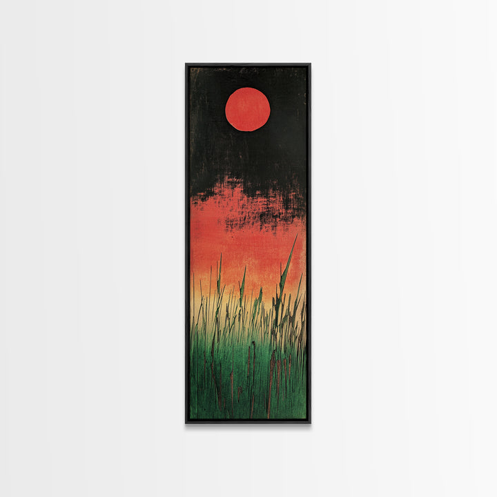 Red Sun Marsh Grass Canvas Print, Japanese Inspired Landscape, Moody Black And Green Wall Decor, Modern Nature Wall Art Print