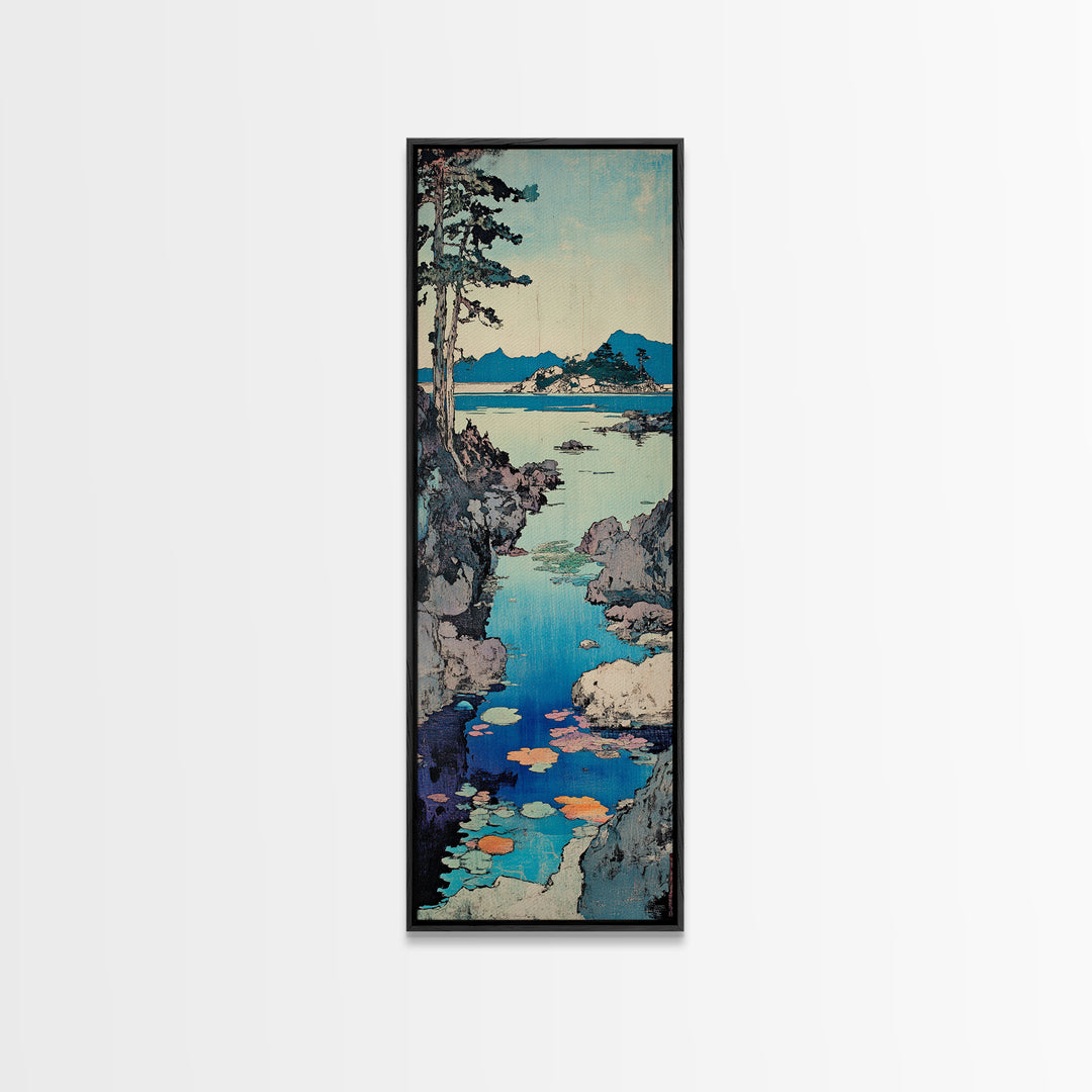 Rocky Coastal Cove Framed Canvas Print, Japanese Landscape Wall Art, Blue Ocean Decor, Serene Living Room Nature Art Print
