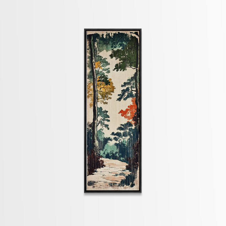 Autumn Forest Path Wall Art, Japanese Woodland Landscape Canvas, Rustic Cabin Decor, Nature Art Print For Living Room Decor