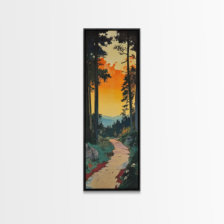 Sunset Forest Trail Canvas Print, Mountain Path Landscape Living Room Wall Art, Rustic Cabin Decor, Orange Sky Nature Art Print