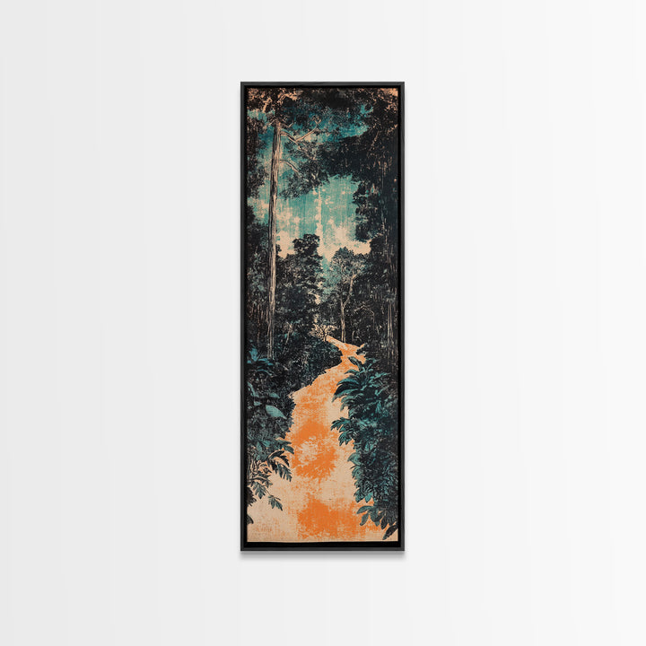 Teal Jungle Path At Dawn Wall Art, Japanese Landscape Print, Nature Wall Decor, Long Vertical Art, Moody Living Room Decor