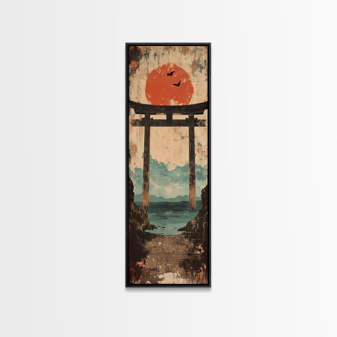 Red Sun Torii Gate Over Sea Framed Canvas Print, Japanese Wall Art, Coastal Landscape, Zen Home Decor, Entryway Wall Decor