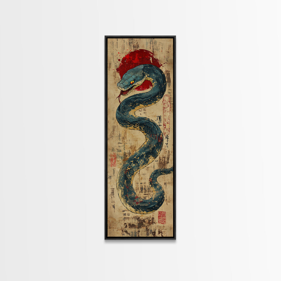Blue Serpent With Red Sun Wall Art, Japanese Snake Illustration, Ukiyo-E Style Canvas Print, Mystical Asian Wall Decor, Office Decor
