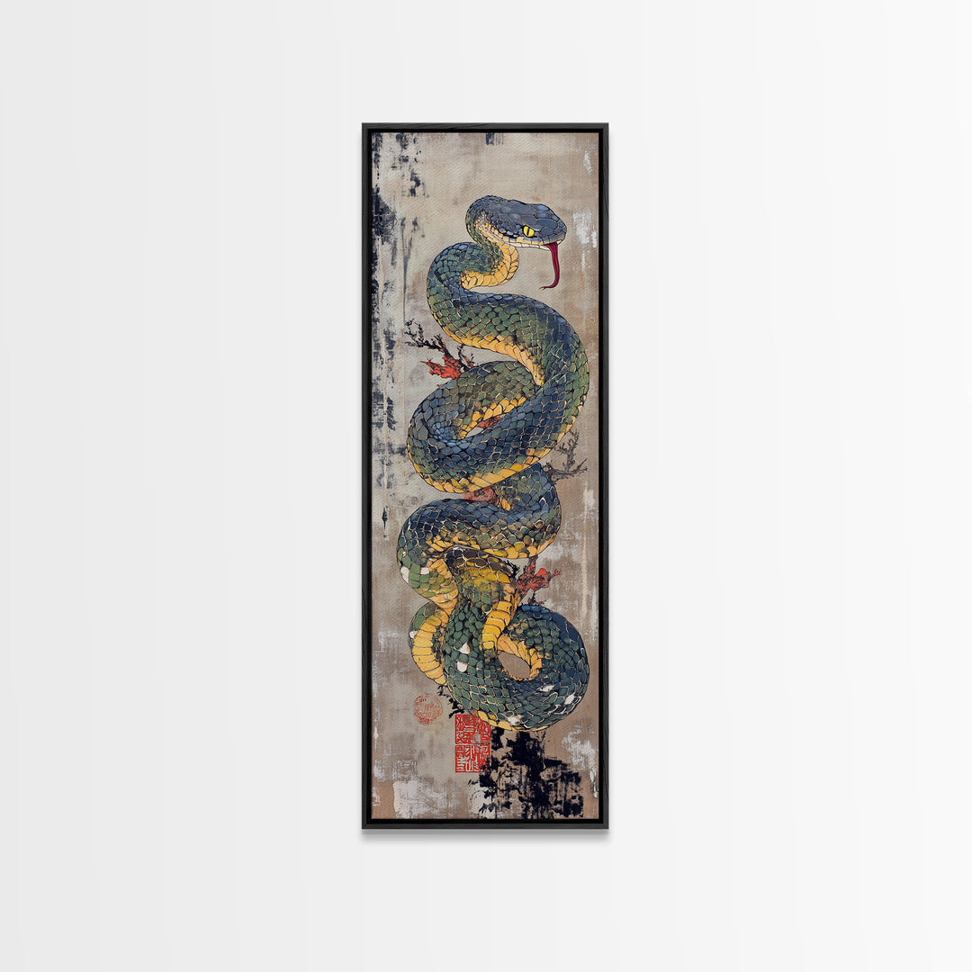 Coiled Blue Viper Snake Canvas Print, Japanese Animal Wall Art, Ukiyo-E Serpent Poster, Dark Academia Office Wall Decor Print