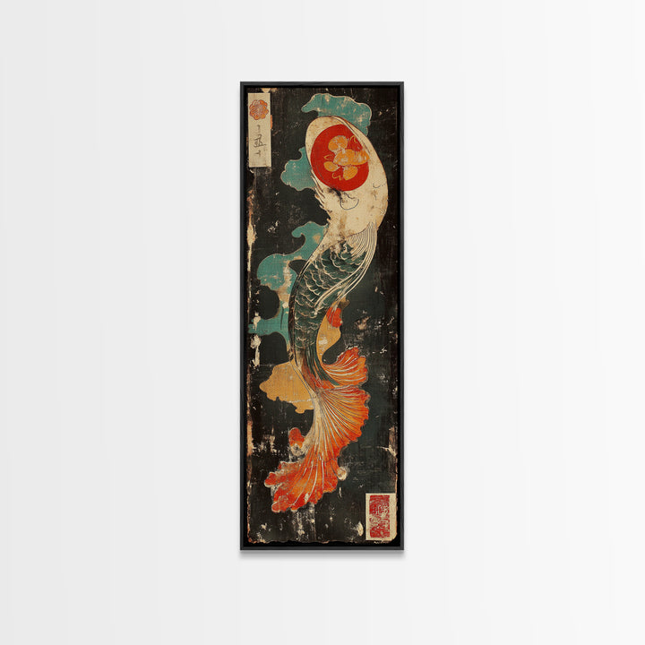 Graceful Koi Fish In Waves Wall Art, Japanese Canvas Print, Asian Inspired Decor, Coastal Bathroom Art, Zen Living Room Decor