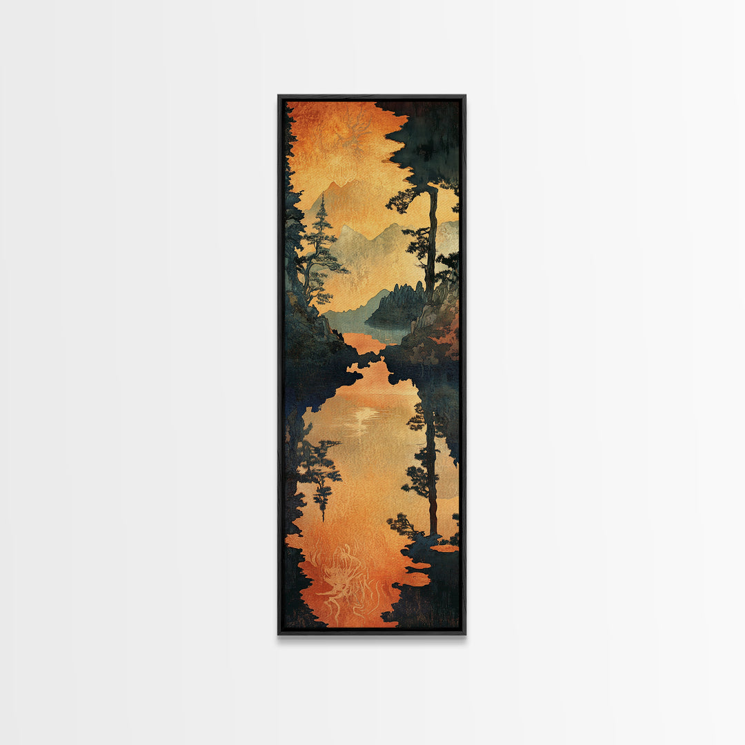 Golden Mountain Lake Sunset Wall Art, Pine Forest Landscape Canvas Print, Rustic Cabin Decor, Framed Canvas Print For Living Room