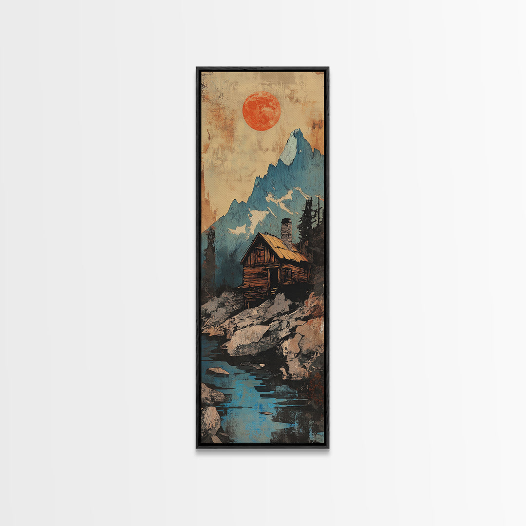 Alpine Cabin Below Blue Mountain Wall Art, Rustic Landscape Canvas Print, Red Sun Nature Decor, Framed Canvas Print For Cabin Living Room
