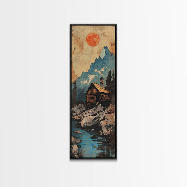 Alpine Cabin Below Blue Mountain Wall Art, Rustic Landscape Canvas Print, Red Sun Nature Decor, Framed Canvas Print For Cabin Living Room