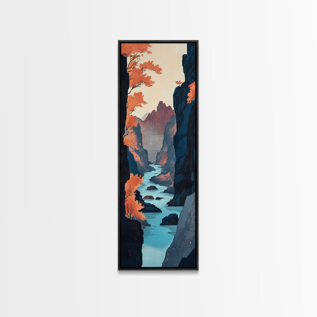 Autumn Canyon River Canvas Print, Japanese Landscape Wall Art, Orange Fall Trees, Moody Mountain Decor, Long Narrow Print