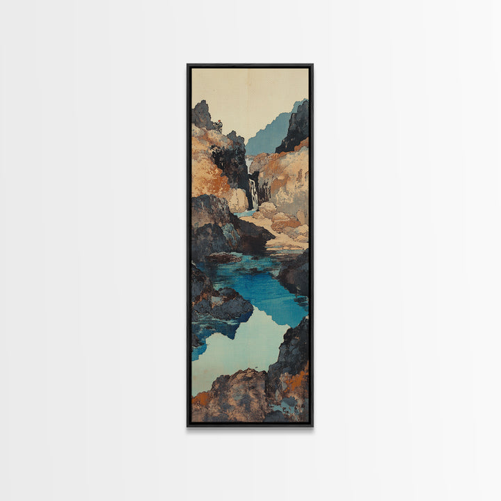 Turquoise Canyon Waterfall Framed Canvas Print, Mountain River Wall Art, Rustic Nature Decor, Japandi Long Narrow Wall Art