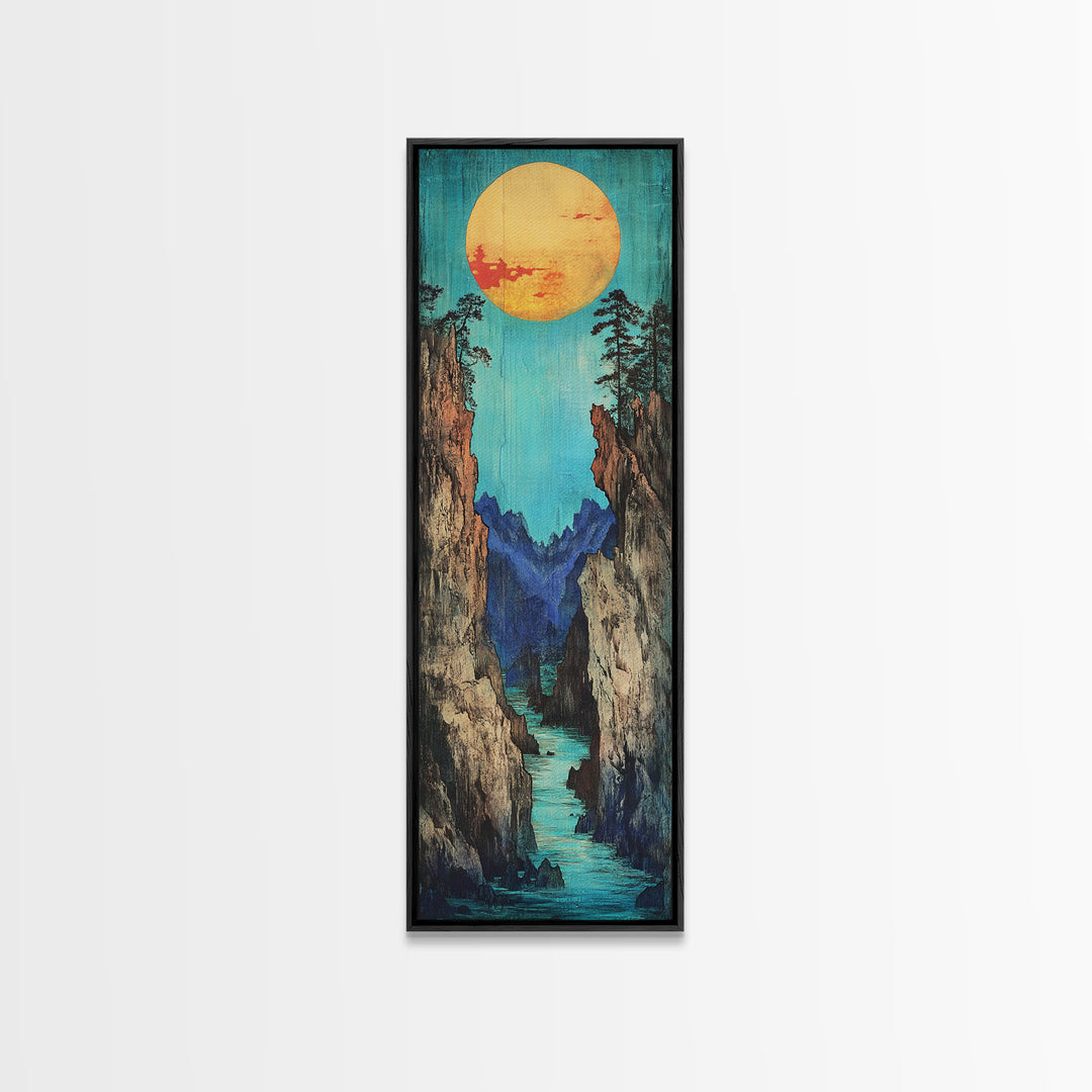 Turquoise Canyon River And Golden Sun Wall Art, Japanese Landscape Print, Japandi Wall Decor, Tall Canvas Art For Entryway