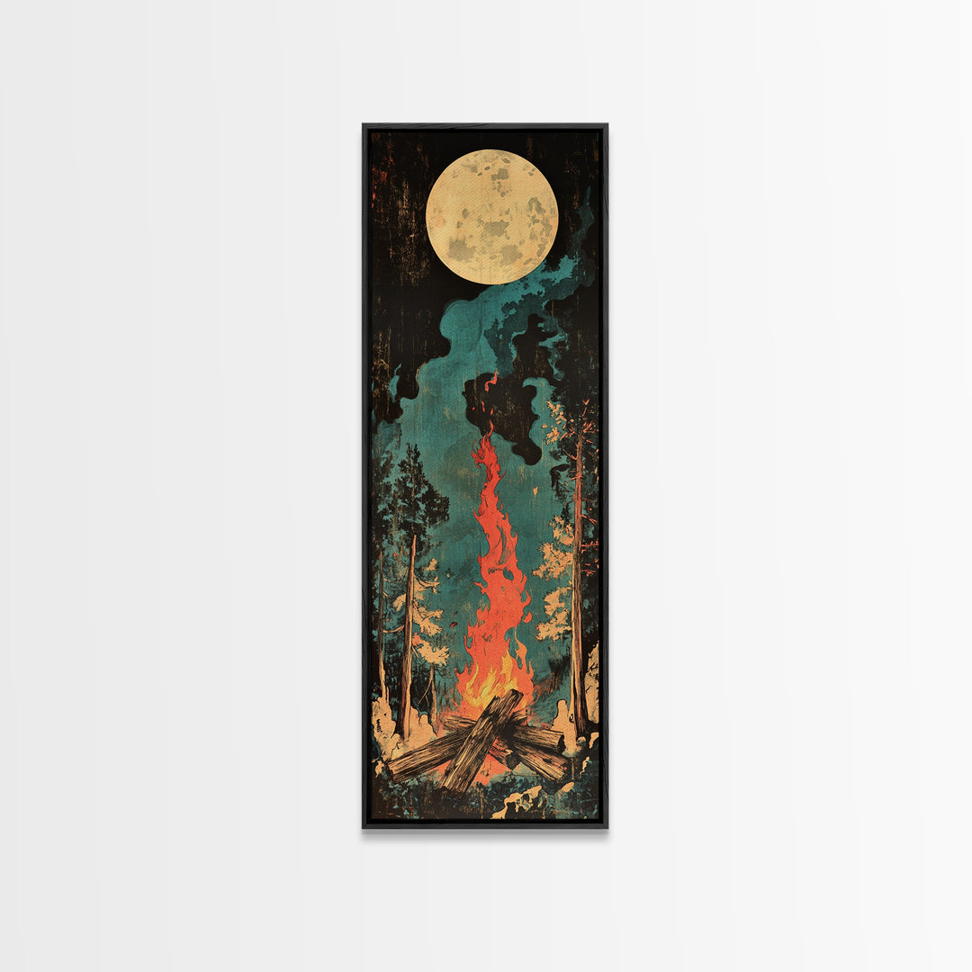 Full Moon Campfire Forest Wall Art, Dark Pine Woodland Canvas, Cozy Cabin Decor, Rustic Nature Print, Lodge Gift For Him