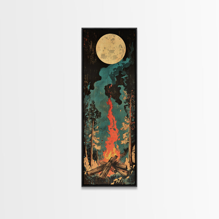 Full Moon Campfire Forest Wall Art, Dark Pine Woodland Canvas, Cozy Cabin Decor, Rustic Nature Print, Lodge Gift For Him