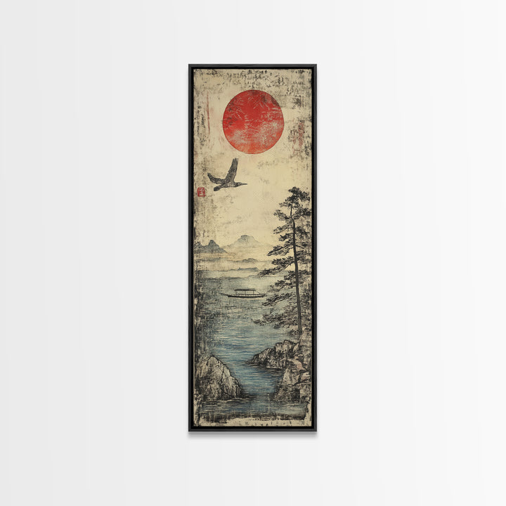 Red Sun Over Misty Coastal Lake Wall Art, Japanese Landscape Print, Crane Bird Scene, Zen Nature Decor For Living Room, Home Decor
