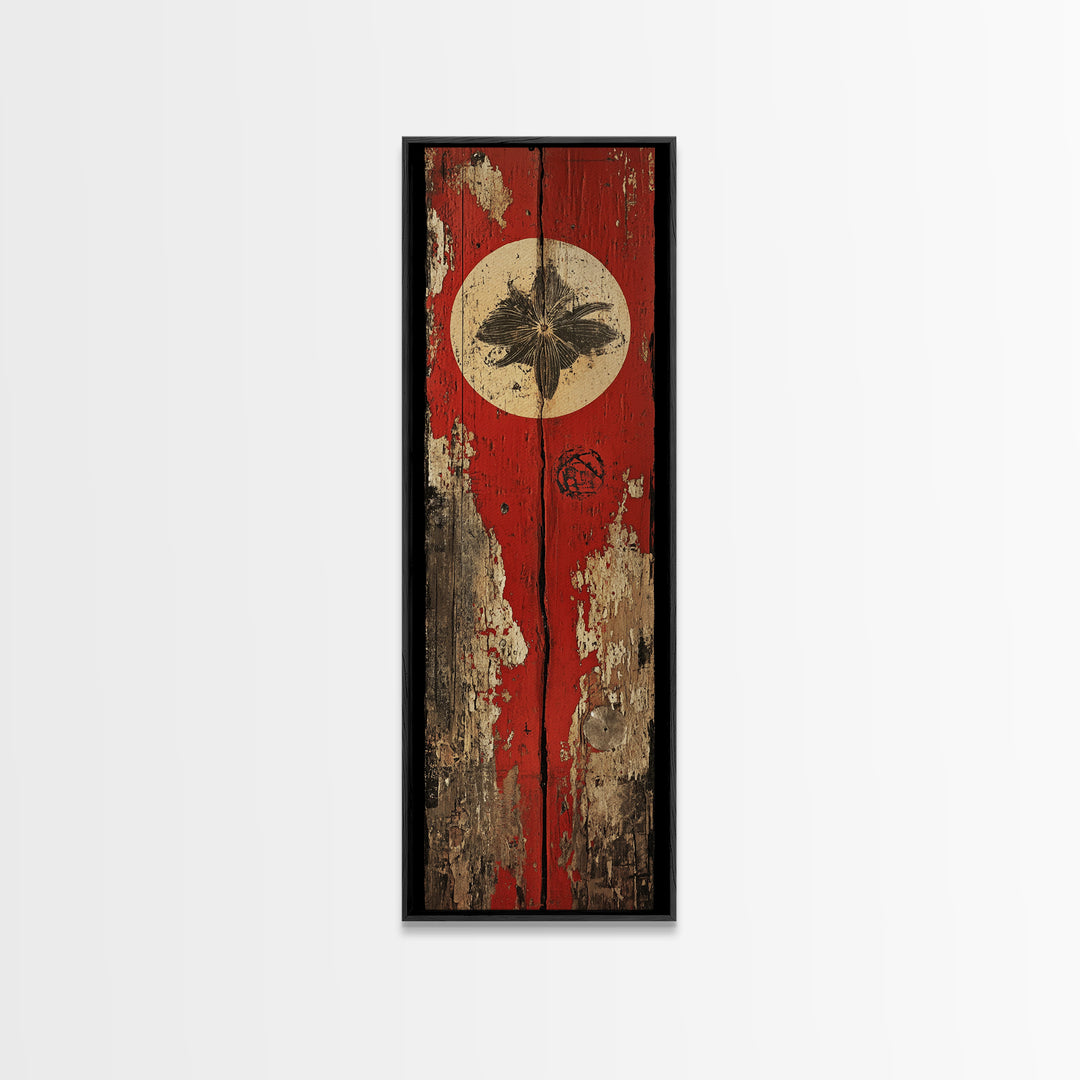Rustic Red Door With White Sun Wall Art, Weathered Japanese Texture Print, Narrow Vertical Decor, Wabi Sabi Canvas Print