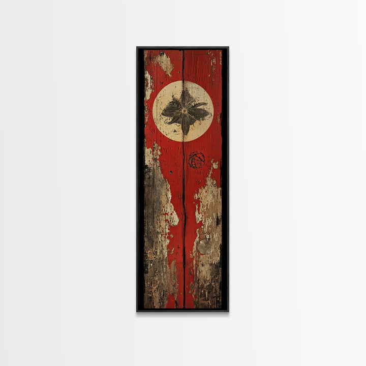 Rustic Red Door With White Sun Wall Art, Weathered Japanese Texture Print, Narrow Vertical Decor, Wabi Sabi Canvas Print