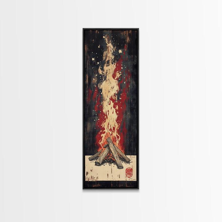 Crackling Campfire Under Dark Stars Wall Art, Rustic Cabin Print, Cozy Night Canvas Print, Nature Inspired Home Decor Gift