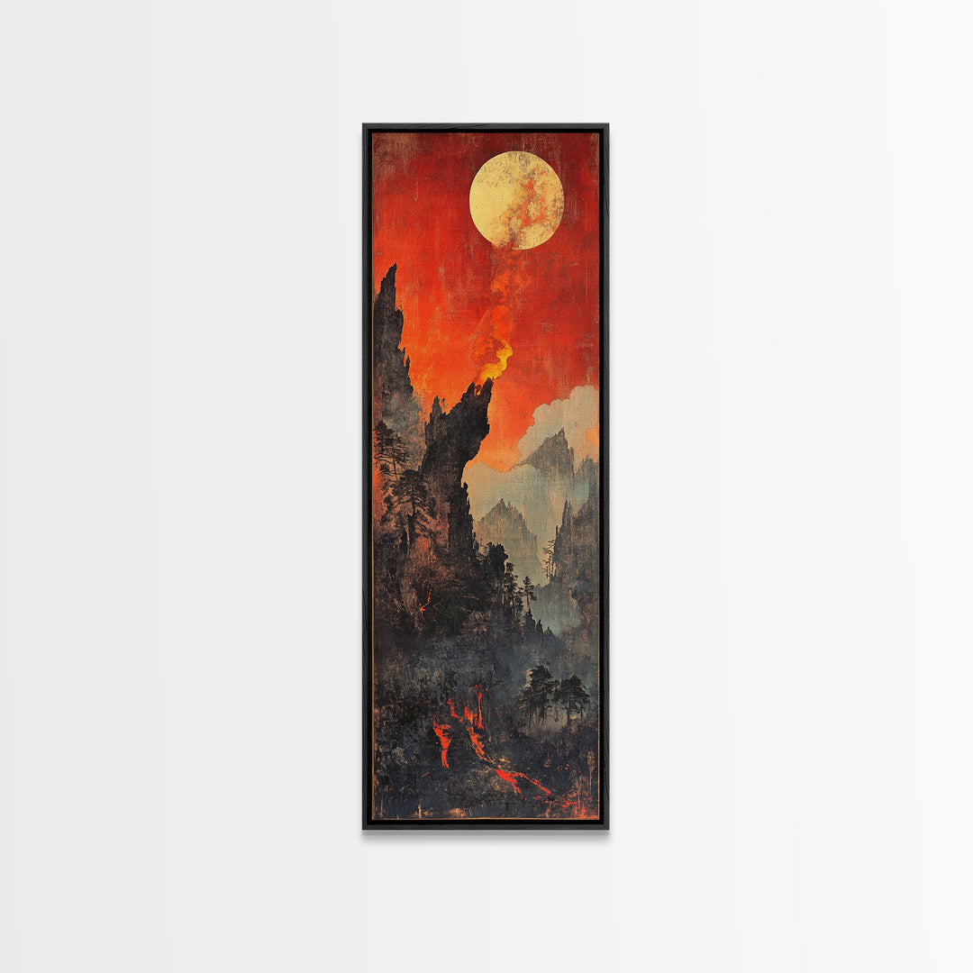 Fiery Moonlit Mountain Landscape Framed Canvas Print, Japanese Fantasy Wall Art, Moody Rustic Decor, Dramatic Nature Art