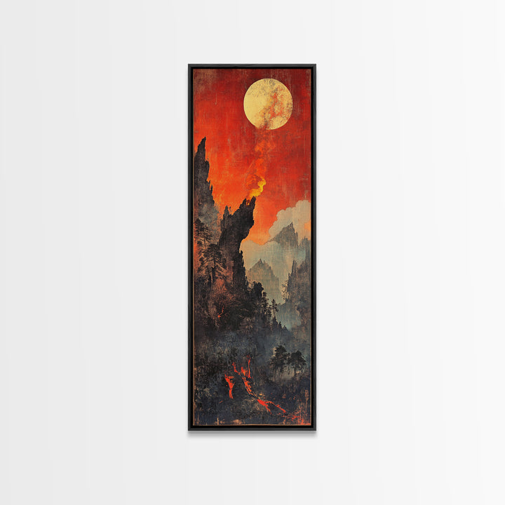 Fiery Moonlit Mountain Landscape Framed Canvas Print, Japanese Fantasy Wall Art, Moody Rustic Decor, Dramatic Nature Art