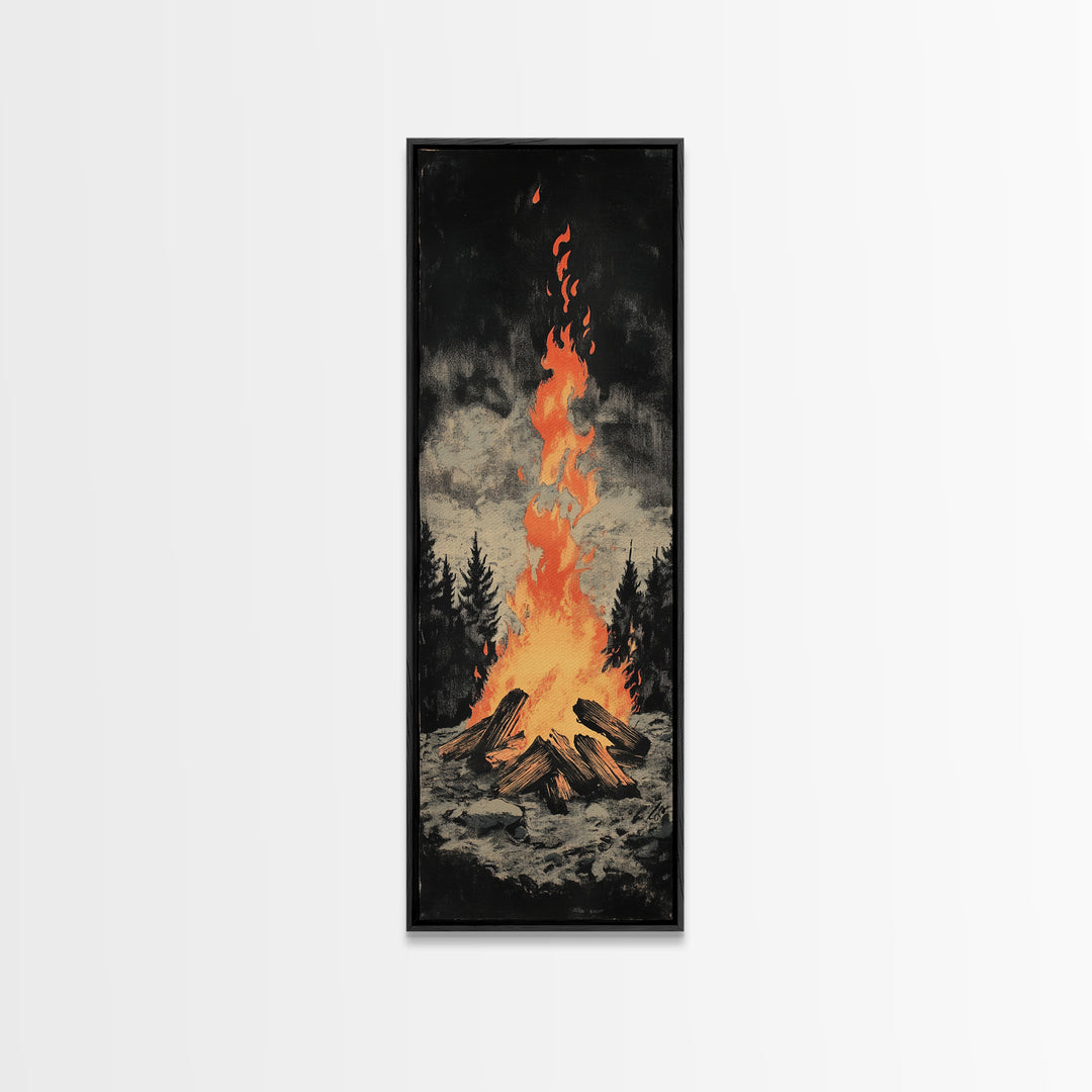 Glowing Campfire In Dark Pine Forest Framed Canvas Print, Rustic Cabin Wall Art, Cozy Lodge Decor, Moody Nature Art Print