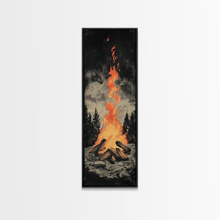 Glowing Campfire In Dark Pine Forest Framed Canvas Print, Rustic Cabin Wall Art, Cozy Lodge Decor, Moody Nature Art Print