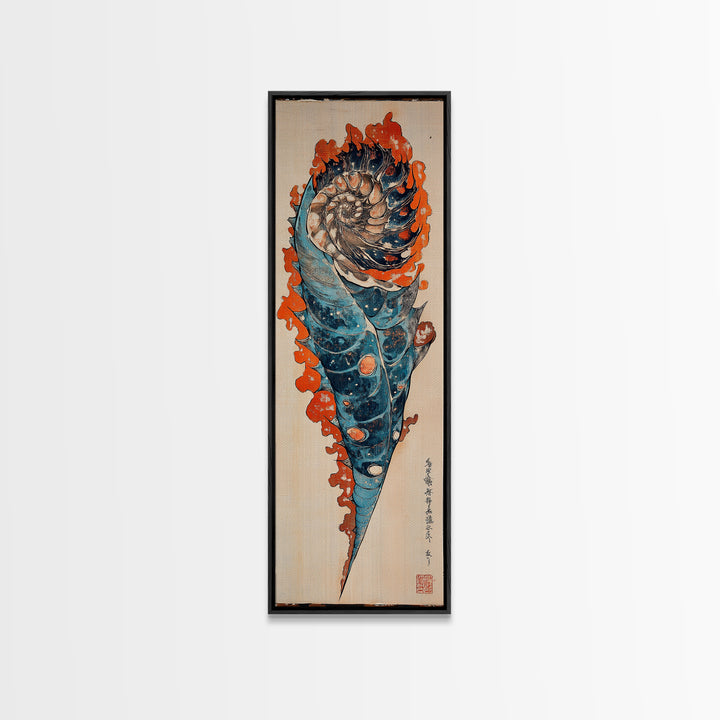 Blue Orange Spiral Seashell Wall Art, Japanese Woodblock Coastal Canvas Wall Decor, Nautical Ocean Print For Beach House