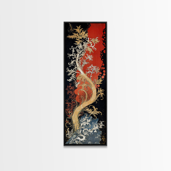 Golden Fantasy Tree With Waves Canvas Print, Art Nouveau Asian Inspired Wall Decor, Dramatic Red Black Living Room Art, Statement Artwork