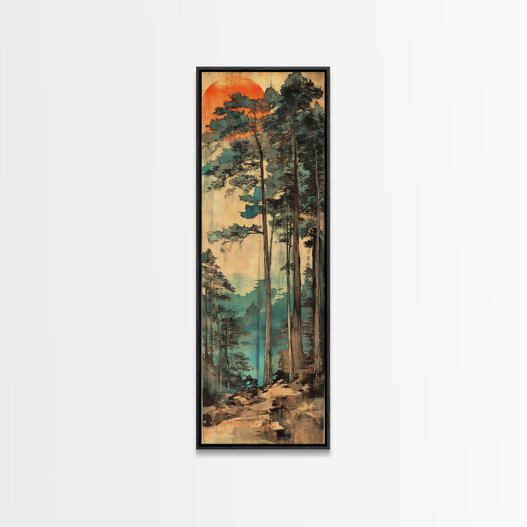 Tall Pine Forest Sunrise Wall Art, Japanese Woodblock Landscape Print, Misty Mountain Nature Decor For Living Room And Office Decor